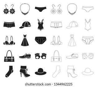Clothes and accessories black,outline icons in set collection for design. Shoes and decoration vector symbol stock web illustration.