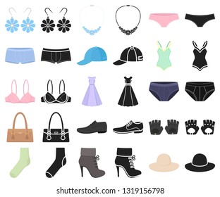 Clothes and accessories cartoon,black icons in set collection for design. Shoes and decoration vector symbol stock web illustration.