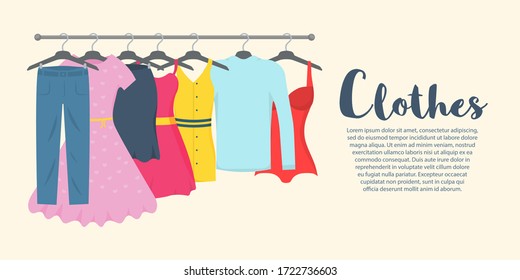 Clothes and accessories Fashion icon set. New fashion collection. Men and women casual clothes on a hanger in store. Seasonal sale concept. Vector illustration of a flat plane style. EPS 10.