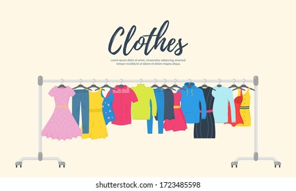 Clothes and accessories Fashion icon set. New fashion collection. Men and women casual clothes on a hanger in store. Seasonal sale concept. Vector illustration of a flat plane style. EPS 10.