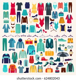 Clothes and accessories Fashion icon set. Men and women clothes vector icon set.