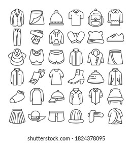 clothes, accessories and fashion wardrobe collection line icons vector set