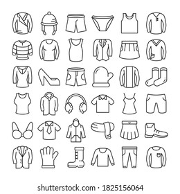 clothes, accessories and fashion wardrobe collection line icons vector set