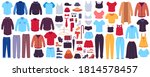 Clothes and accessories. Fashion women and men seasonal outfits, clothes, footwear and bags, accessories, modern casual dress vector set. Fashion female shirt and jacket, suit and skirt illustration