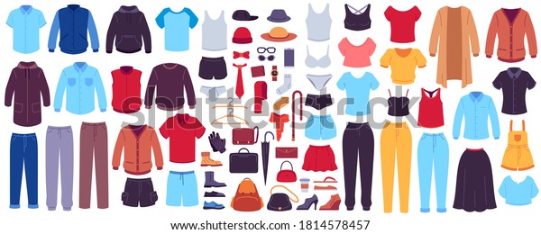 Clothes and accessories. Fashion women and\
men seasonal outfits, clothes, footwear and bags, accessories,\
modern casual dress vector set. Fashion female shirt and jacket,\
suit and skirt\
illustration