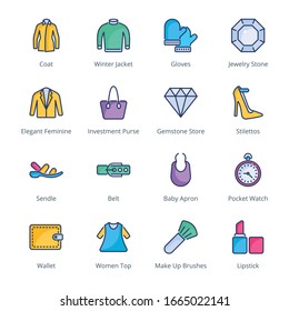  Clothes and Accessories Filled Line Icons - Vectors 