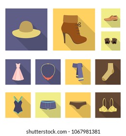 Clothes and accessories flat icons in set collection for design. Shoes and decoration vector symbol stock web illustration.