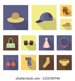 Clothes and accessories flat icons in set collection for design. Shoes and decoration vector symbol stock web illustration.