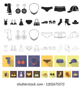Clothes and accessories flat icons in set collection for design. Shoes and decoration vector symbol stock web illustration.