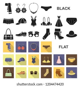 Clothes and accessories flat icons in set collection for design. Shoes and decoration vector symbol stock web illustration.