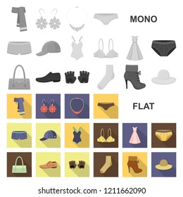 Clothes and accessories flat icons in set collection for design. Shoes and decoration vector symbol stock web illustration.