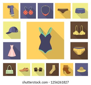 Clothes and accessories flat icons in set collection for design. Shoes and decoration vector symbol stock web illustration.