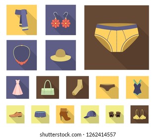 Clothes and accessories flat icons in set collection for design. Shoes and decoration vector symbol stock web illustration.