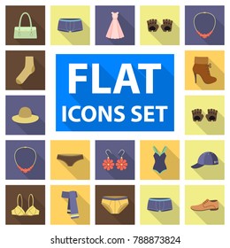 Clothes and accessories flat icons in set collection for design. Shoes and decoration vector symbol stock web illustration.