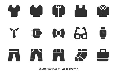 Roupas e acessórios ícones de glifo pacote para web design. Sólido conjunto de ícones com t-shirt, camisa, gravata, cinto, arco, óculos, relógio, calças, jeans, meias, pasta e mais pictogramas. Ilustração vetorial.