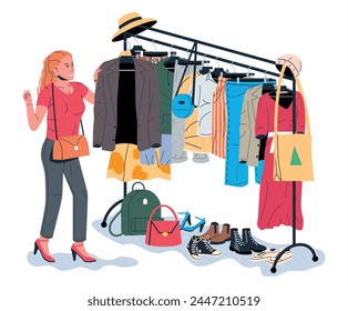 Clothes and Accessories Hanging on Hanger. Home or Shop Wardrobe. Clothes and Accessories. Various Hanging Clothing. Jacket, Shirt, Jeans, Pants, Bags, Shoes and Hats. Cartoon Flat Vector Illustration