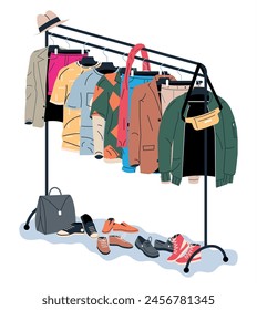 Ropa y Accesorios Colgando en la Percha. Hogar o Tienda Armario. Ropa y Accesorios. Ropa colgante variada. Chaqueta, camisa, jeans, pantalones, bolsos, zapatos y sombreros. Ilustración vectorial plana de dibujos animados