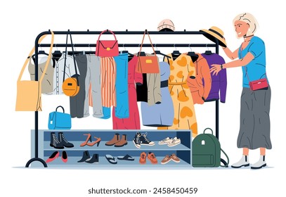 Clothes and Accessories Hanging on Hanger. Home or Shop Wardrobe. Clothes and Accessories. Various Hanging Clothing. Jacket, Shirt, Jeans, Pants, Bags, Shoes and Hats. Cartoon Flat Vector Illustration