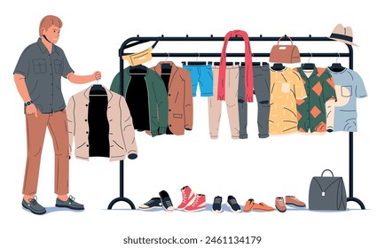 Clothes and Accessories Hanging on Hanger. Home or Shop Wardrobe. Clothes and Accessories. Various Hanging Clothing. Jacket, Shirt, Jeans, Pants, Bags, Shoes and Hats. Cartoon Flat Vector Illustration