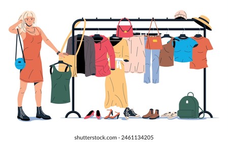 Ropa y Accesorios Colgando en la Percha. Hogar o Tienda Armario. Ropa y Accesorios. Ropa colgante variada. Chaqueta, camisa, jeans, pantalones, bolsos, zapatos y sombreros. Ilustración vectorial plana de dibujos animados