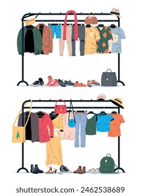 Clothes and Accessories Hanging on Hanger. Home or Shop Wardrobe. Clothes and Accessories. Various Hanging Clothing. Jacket, Shirt, Jeans, Pants, Bags, Shoes and Hats. Cartoon Flat Vector Illustration