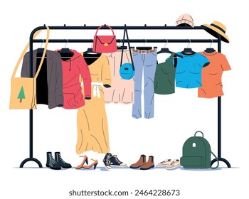 Ropa y Accesorios Colgando en la Percha. Hogar o Tienda Armario. Ropa y Accesorios. Ropa colgante variada. Chaqueta, camisa, jeans, pantalones, bolsos, zapatos y sombreros. Ilustración vectorial plana de dibujos animados