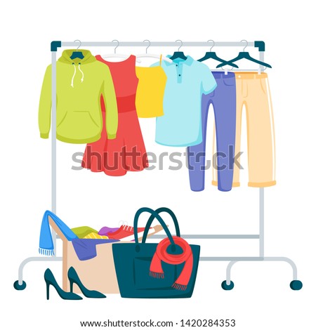 Clothes and accessories hanging on rack vector illustration. Fashion boutique, showroom assortment. Female personal wardrobe, closet. Trousers, summer dress on hangers. Woman bag and shoes in box
