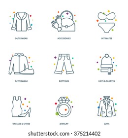 Clothes and accessories icons set, line style