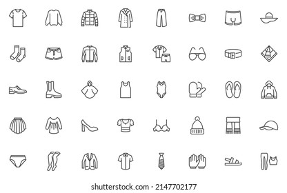 Clothes and accessories line icons set. linear style symbols collection, outline signs pack. Clothing and footwear vector graphics. Set includes icons as sport shoes, flip-flop, shirt, jacket, hoodie