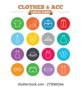 Clothes and accessories linear icons set. Shirt with tie, pants and woman dress symbols. Hat, hanger and glasses thin outline signs. Underwear and maternity clothes. Flat circles vector