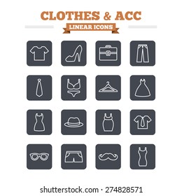 Clothes and accessories linear icons set. Shirt with tie, pants and woman dress symbols. Hat, hanger and glasses thin outline signs. Underwear and maternity clothes. Flat square vector