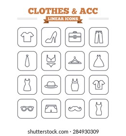 Clothes and accessories linear icons set. Shirt with tie, pants and woman dress symbols. Hat, hanger and glasses thin outline signs. Underwear and maternity clothes. Flat square vector