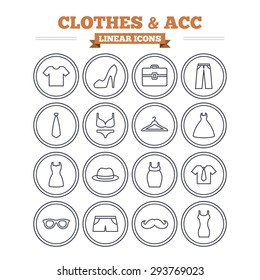 Clothes and accessories linear icons set. Shirt with tie, pants and woman dress symbols. Hat, hanger and glasses thin outline signs. Underwear and maternity clothes. Flat vector