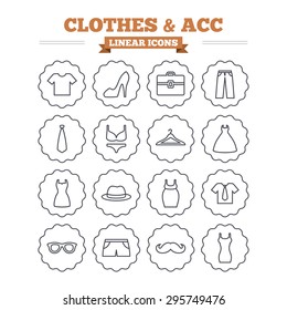 Clothes and accessories linear icons set. Shirt with tie, pants and woman dress symbols. Hat, hanger and glasses thin outline signs. Underwear and maternity clothes. Flat vector