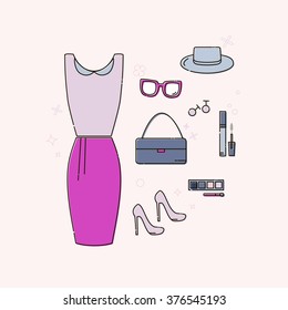 Clothes and Accessories Linear Icons Set. Skirt, Blouse, Bag, Shoes, Glasses, Earrings, Hat, Mascara and Eyeshadow. Flat vector.