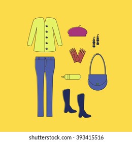 Clothes and Accessories Linear Icons Set. Jeans, Blouse, Bag, Beret, Gloves, Umbrella, Earrings, and Boots. Flat vector.