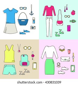 Clothes and Accessories Linear Icons Set. Jeans, Skirt, Shorts, Blouse, T-shirt, Jumper, Bag, Shoes, Glasses, Watch and Smartphone. Flat vector.