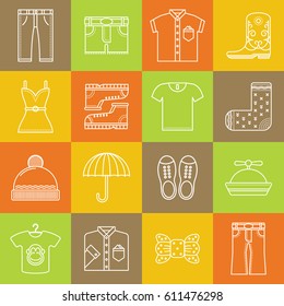 Clothes and accessories lineart minimal vector iconset on multicolor checkered texture