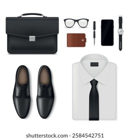 Clothes and accessories for male business person set realistic vector illustration. Businessman wear stylish man corporate clothing briefcase shoes shirt tie glasses wallet pen smartphone wristwatch