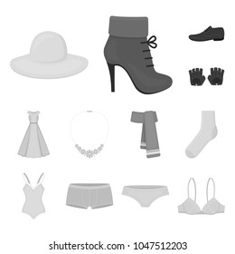 Clothes and accessories monochrome icons in set collection for design. Shoes and decoration vector symbol stock web illustration.