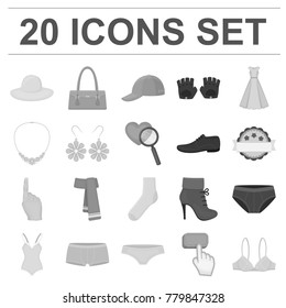 Clothes and accessories monochrome icons in set collection for design. Shoes and decoration vector symbol stock web illustration.