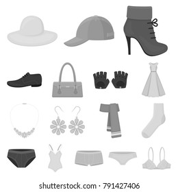 Clothes and accessories monochrome icons in set collection for design. Shoes and decoration vector symbol stock web illustration.