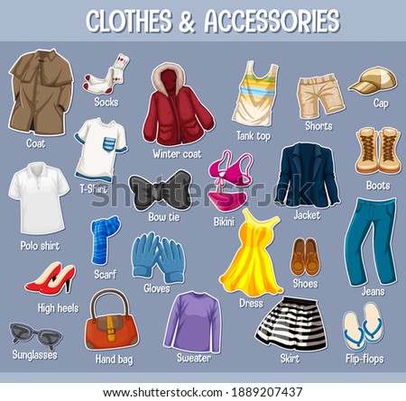 Clothes and accessories with names isolated on purple background illustration