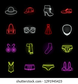 Clothes and accessories neon icons in set collection for design. Shoes and decoration vector symbol stock web illustration.