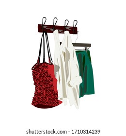 Clothes and accessories on a hanger. Casual look. Fashion illustration