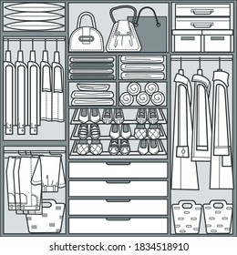 Clothes and accessories organized on shelves, wardrobes with clothing. Shoes and bags on hangers, fashion and luxurious trendy outfits, cloakroom or garderobes in house, vector in flat style