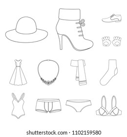 Clothes and accessories outline icons in set collection for design. Shoes and decoration vector symbol stock web illustration.
