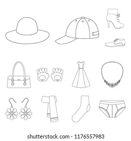 Clothes and accessories outline icons in set collection for design. Shoes and decoration vector symbol stock web illustration.