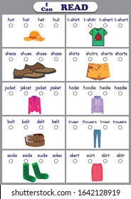 clothes and accessories reading worksheet. Students read words and circle the one that matches the picture, I Can Read Words, Kids words learning