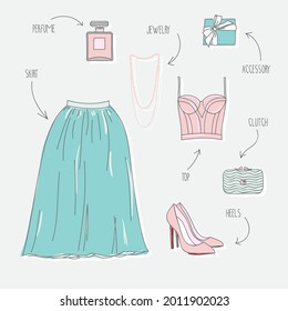 clothes and accessories. ready-made image for the party. Vector graphics. style